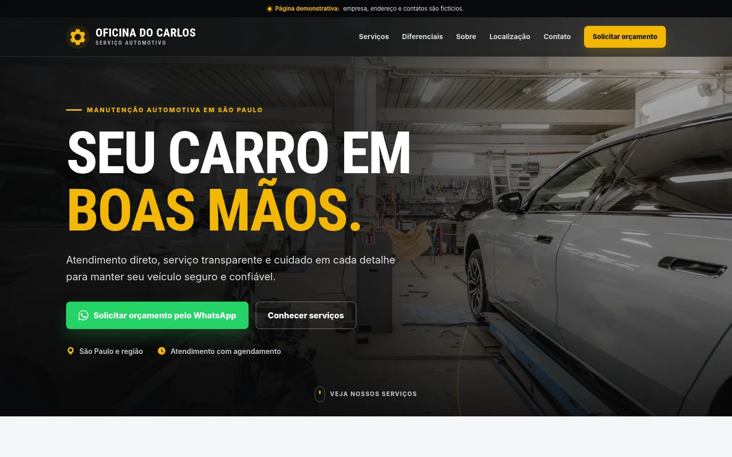 Parte superior da página demonstrativa da Oficina do Carlos
